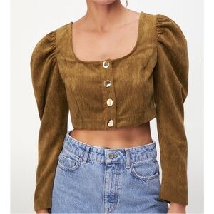 Corduroy Cropped Top with Puff Sleeves